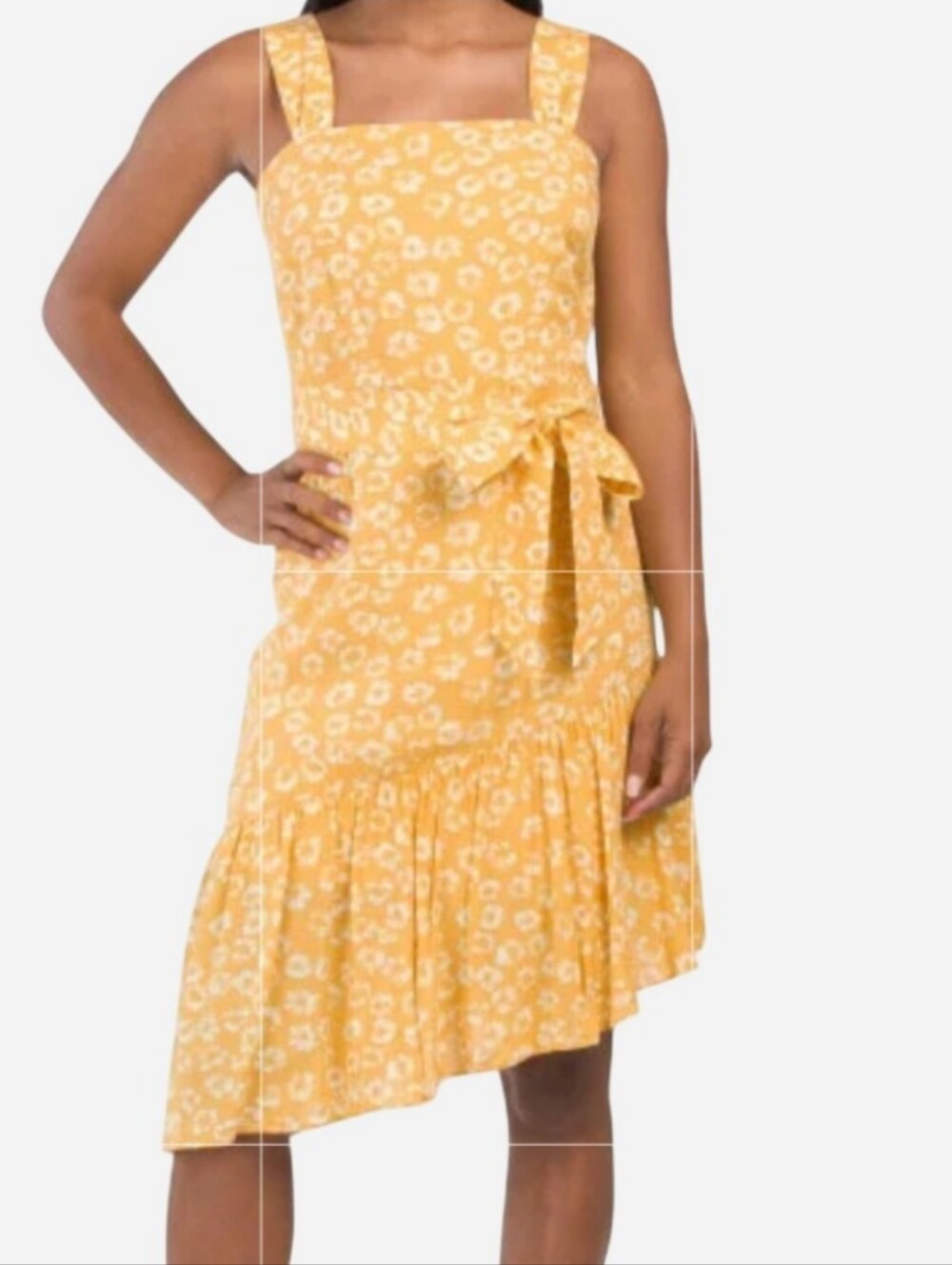 Sam Edelman FLORAL ASSYMETRICAL HEM MIDI DRESS/Yellow&White with Waist Tie Sz 10